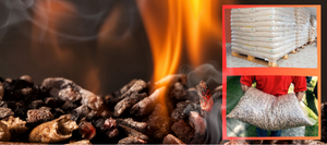 Wood pellet burning in the background, two frames over-laying background - one of a pallet of wood burning pellets, the other of a man carrying one bag of wood pellets